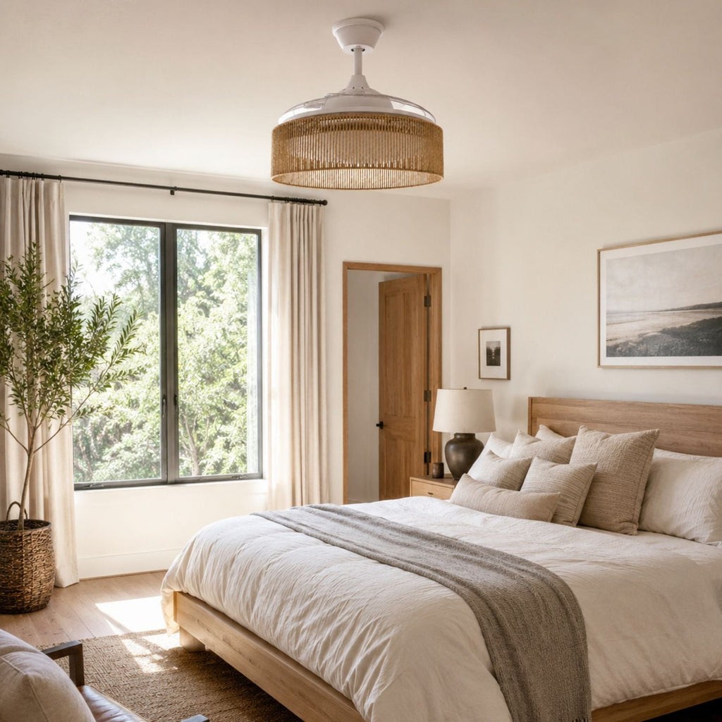 NÖRDI Breeze Rattan | Ventilador de Techo con Luz LED y Aspas Retráctiles